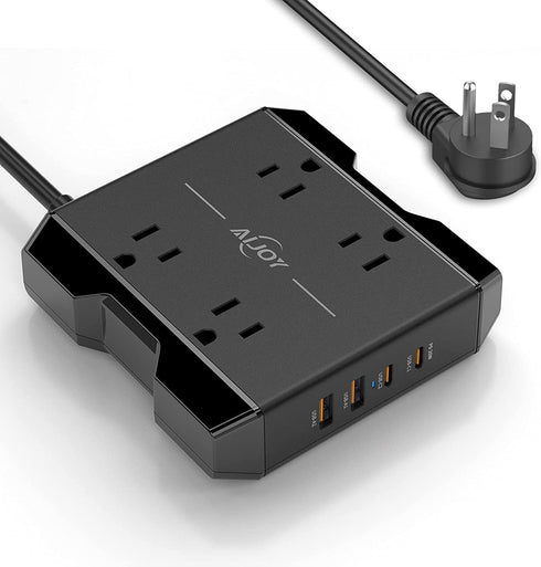 Power Strip with USB C, Aijoy 4 Outlets and 4 USB Ports, Desktop Charging Station with 20W USB C, 5 ft Extension Cord, Compact for Travel, Cruise Ship, Dorm Rooms, and Office, Black
