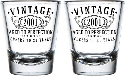 2pk Vintage 2001 Printed 2oz Shot Glasses - 21st Birthday Aged to Perfection - 21 years old gifts