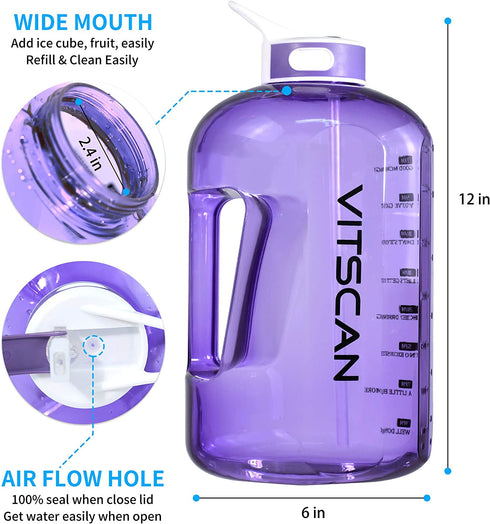 1 Gallon Water Bottle with Straw, Motivational Large Water Bottle with Time Marker, Big Clear Transparent Water Kettle Purple 128oz Water Bottles, Water Jug for Sports Water Bottle BPA Free