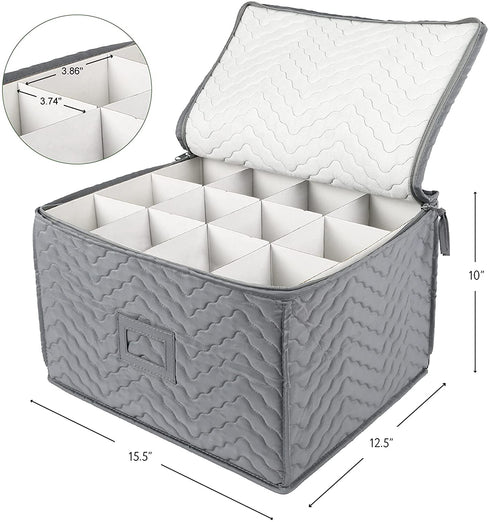 LotFancy Stemware Storage Container - Deluxe Quilted Storage Case with Dividers for 12 - Wine Glasses, Champagne Flutes, Glassware, Drinkware Storage Chest, 15.5?x12.5?x 10?, Gray