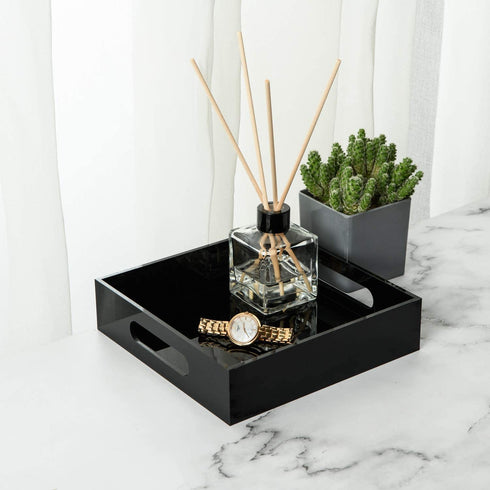 KEVLANG Black Sturdy Acrylic Tray with Handles-8x8 Inch- Countertop Organizer Tray for Kitchen,Bathroom,Office- Storage Box for Cosmetics, Jewelry,Toiletries,Toy,gadgets