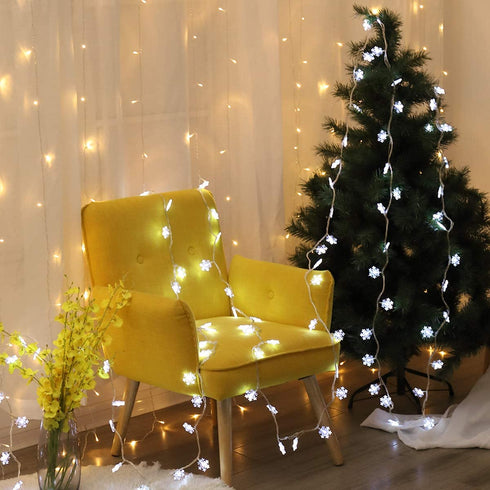 POP Mart Snowflake Lights 80 LED Christmas Lights Snow String Lights 34FT Twinkle Fairy Lights USB Battery Operated Waterproof Christmas Decoration for Indoor Outdoor Garden 8 Modes Remote Cool White