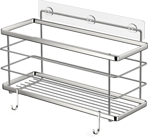 SMARTAKE Deep Shower Caddy, SUS304 Stainless Steel Bathroom Basket, Adhesive Shower Organizer Shelf with Hooks, Rustproof No-Drilling Kitchen Rack, for Toilet, Dorm and Kitchen (Silver)