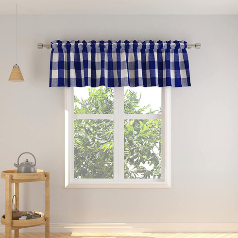 3 Pc Cotton Classic Country Farmhouse Kitchen Window Curtain -Navy Blue & White Buffalo Check Tier & Valance Set, 54" x 18" / 27" x 24"
