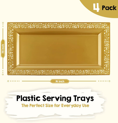 4 (pk) Yumchikel 14" x 7.5" Gold Lace Rim Plastic Serving Trays & Platters | Heavy Duty Disposable Decorative Dessert Tray - Party Platters for Upscale Parties Weddings
