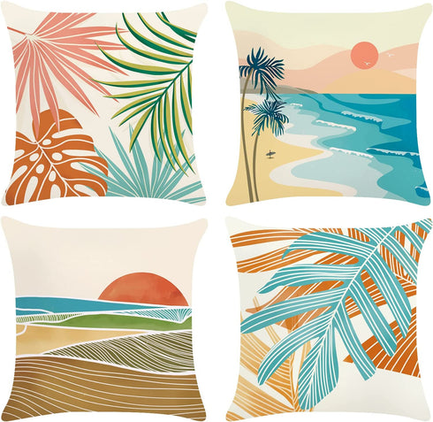 Bonhause Modern Tropical Throw Pillow Covers 18 x 18 Inch Set of 4 Seaside Palm Leaves Decorative Pillows Case Soft Velvet Outdoor Cushion Covers for Couch Sofa Bed Home Decor