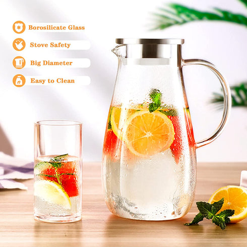 Glass Pitcher, Tea Pitcher,68oz Water Pitcher with Lid ,Drip-Free Water Pitcher with Lid, Easy Clean Heat Resistant Borosilicate Glass Jug for Juice, Milk, Cold or Hot Beverages