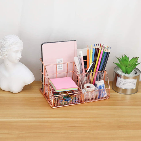 LEORISO Desk Organizer Supplies, Rose Gold Office Organizer with Mail Organizer, Pen Holder, Paper Organizer & Desk Drawer Organizer, Metal Multifunctional Desktop Organizer for Office, School & Home