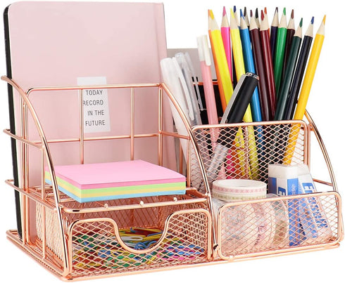 LEORISO Desk Organizer Supplies, Rose Gold Office Organizer with Mail Organizer, Pen Holder, Paper Organizer & Desk Drawer Organizer, Metal Multifunctional Desktop Organizer for Office, School & Home