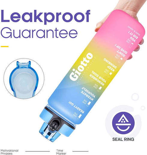 Giotto 32oz Motivational Water Bottle with Times & Removable Strainer to drink, Resuable Leakproof BPA Free Sports Water Jug to Remind You Drink More Water
