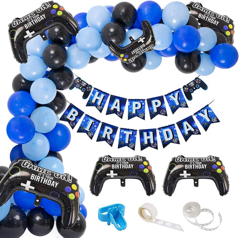 Video Game Party Supplies Birthday Decorations for Boys - 98 Pack Blue Black Balloons Garland with Gamer Birthday Banner Game Controller Balloons for Boy Level Up Birthday Party Decorations