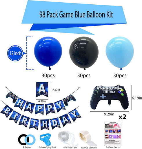 Video Game Party Supplies Birthday Decorations for Boys - 98 Pack Blue Black Balloons Garland with Gamer Birthday Banner Game Controller Balloons for Boy Level Up Birthday Party Decorations
