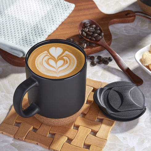 Ceramic Coffee Mugs with Lid, ALELION 13 oz Coffee Mug Set with Cork Bottom and Spill-resistant Lid, Christmas Coffee Mugs Gift Set for Women Men, Comfortable Handle for Home and Office, Black,2Pcs