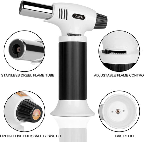 CORKAS Blow Torch, Professional Butane Torch Lighter with Safety Lock and Adjustable Flame for Desserts, Creme Brulee, BBQ and Baking Black&White(Gas Not Included)