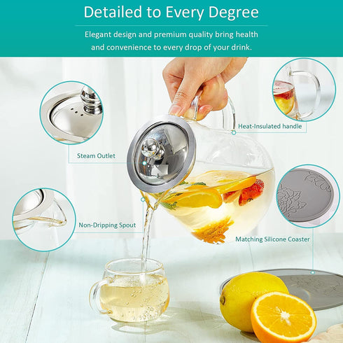 950ml/30oz Glass Teapot Kettle with Removable Stainless Steel Infuser & Matching Silicone Coasters, Stovetop & Microwave Safe Tea Pot for Loose Leaf Tea & Blooming Tea