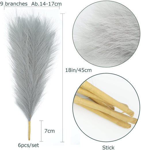 6PCS Grey Artificial Pampas Grass 14'' Faux Pampas Grass Fluffy Pampas Grass Plants Pompass Grass Branches for Home Party Office Garden Wedding Decor