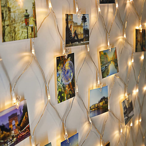 Hanging Photo Display 3.3x3.3 Ft, 75 LED Net Photo Clips String Light with 25 Clips and Remote, 8 Modes USB Operated Fairy Lights for Home Bedroom Indoor Wall Decoration (Warm White)
