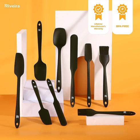 Riveira Silicone Spatula Set 9-Piece 600°F+ Heat Resistant kitchen utensils set Cooking Utensils Set Plastic Rubber Spatulas for Nonstick Cookware Baking Spoon Sets for Kitchen in Black