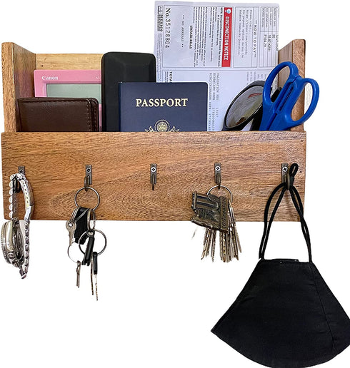 Wrightmart Key Ring Hanger, 5 Hook, Wall Mounted Organizer, Keyholder, Mail, Wallet , Phone, Sunglass Storage Unit, Secure Command Center Pocket, Decorative Rustic Farmhouse Wood, Natural Finish