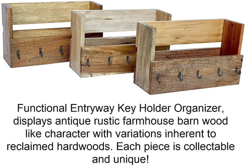 Wrightmart Key Ring Hanger, 5 Hook, Wall Mounted Organizer, Keyholder, Mail, Wallet , Phone, Sunglass Storage Unit, Secure Command Center Pocket, Decorative Rustic Farmhouse Wood, Natural Finish