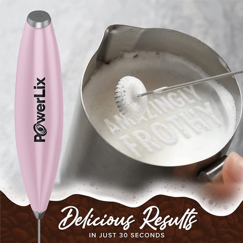PowerLix Milk Frother Handheld Battery Operated Electric Whisk Foam Maker For Coffee, Latte, Cappuccino, Hot Chocolate, Durable Mini Drink Mixer With Stainless Steel Stand Included (Light Pink)