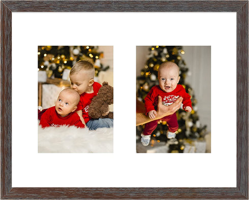 Golden State Art, 11x14 Distressed Brown Wood Frame with White Mat - Displays Two 5x7 Photos - Real Glass, Sawtooth Hangers, Swivel Tabs - Wall Mounting, Landscape, Portrait