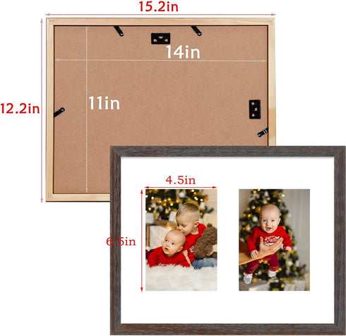 Golden State Art, 11x14 Distressed Brown Wood Frame with White Mat - Displays Two 5x7 Photos - Real Glass, Sawtooth Hangers, Swivel Tabs - Wall Mounting, Landscape, Portrait
