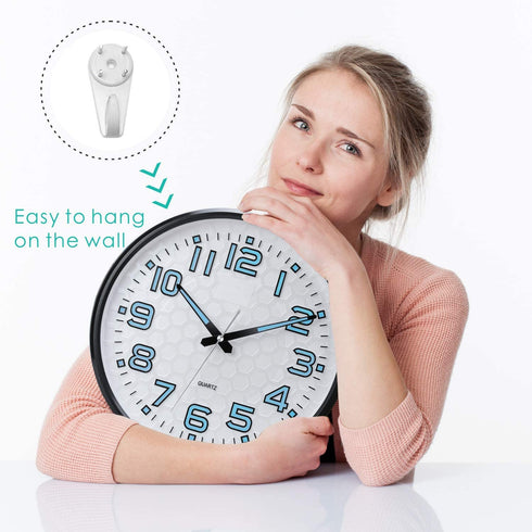 Plumeet Night Light Wall Clocks - 13 Inches Clock with Silent Non-Ticking Glowing Function - Great for Home Kitchen Bedroom - Large Number Battery Operated (Blue Light)