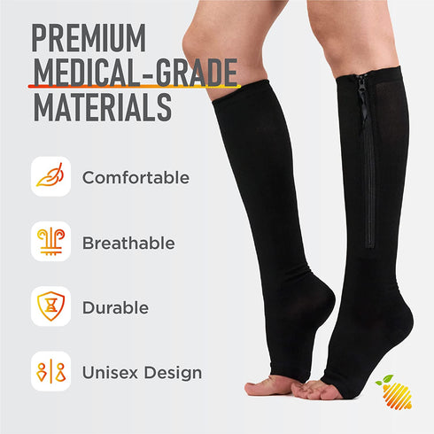 Zipper Compression Socks with Zip Guard Skin Protection & Open Toe Medical Zippered Compression Socks for Men Women