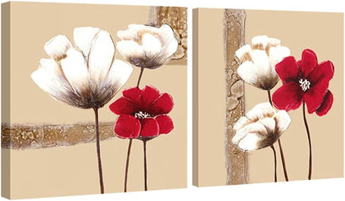 Wieco Art Red and White Flowers Canvas Prints Wall Art Abstract Floral Oil Paintings Style Pictures for Living Room Bedroom Bathroom Home Decorations 2 Piece Modern Stretched and Framed Grace Artwork