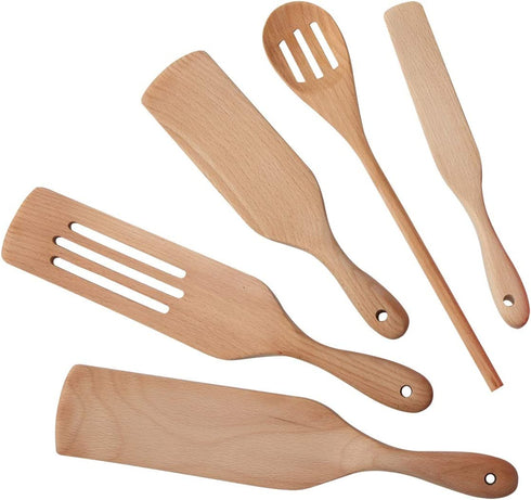Moliy Spurtles Kitchen Tools As Seen On Tv, Wooden Spurtle Set Spatula Slotted Conner Spoon for Cooking (5 Pcs)