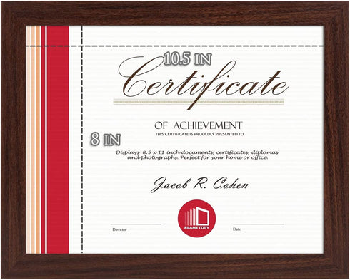 Frametory, 8.5 X 11 Certificate Frame with Back Hangers for Wall Display, Easel Stand Picture Frame for Diploma, Documents, Awards, Wide Molding (Walnut, 2-Pack)
