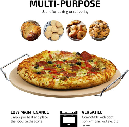 Ovente Ceramic Flat 13 Inch Pizza Stone Set with Crust Cutter Wheel & Metal Rack/Handle, Compact Easy Storage Portable Baking Grilling Stone Thermal Shock Resistance for Oven Grill BBQ, Beige BW10132