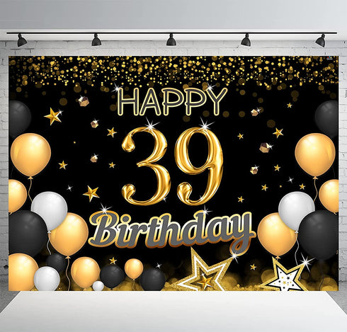 RBYOO 39th Gold Black Happy Birthday Backdrop for Girls Women Boy Men 7x5ft Photography Background Banner Birthday Party Decorations Photo Booth Props