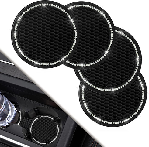 Car Coasters, 4 Pack Universal Vehicle Bling Car Coaster, COCASES Crystal Rhinestone Coaster For Cup Holders, Car Interior Accessories 2.75'' Silicone Anti Slip Car Coasters For Women ( Black )