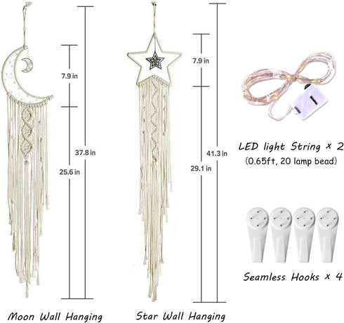 Dream Catcher, Aesthetic Room Decor for Teen Girls, Handmade Moon and Star Dream Catchers with Lights, Bohemian Macrame Cotton Woven Wall Hanging for Home Dorm Decorations Ornament Craft Gift (2 PCS)