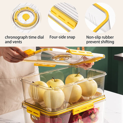Refrigerator Organizer Bins,Stackable Produce Saver Organizer Bin Storage Containers with Removable Drain Tray for Fridge, Cabinets, Countertops and Pantry(Yellow-M)