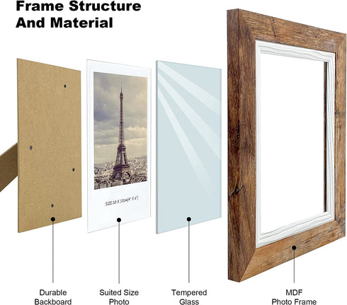 4x6 Picture Frame Set of 4, Wood Rustic Brown Photo Frames, Wooden Picture Frames Display with High-Definition Tempered Glass for Desktop Display and Wall Decoration.