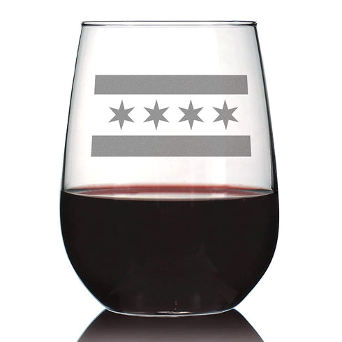 Chicago Flag Cute Chitown Stemless Wine Glass, Large Glasses, Etched Sayings, Gift Box