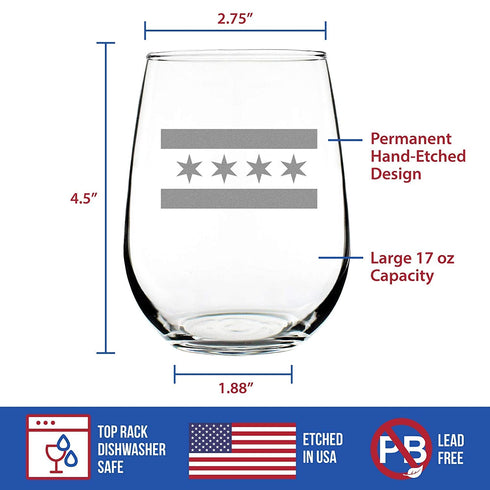Chicago Flag Cute Chitown Stemless Wine Glass, Large Glasses, Etched Sayings, Gift Box