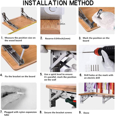 Folding Shelf Brackets 12 Inch, Heavy Duty Stainless Steel Collapsible L Angle Wall Mounted Brackets, DIY Shelves for Table Work Bench Max Load 250lb, Pack of 2 with Install Screws