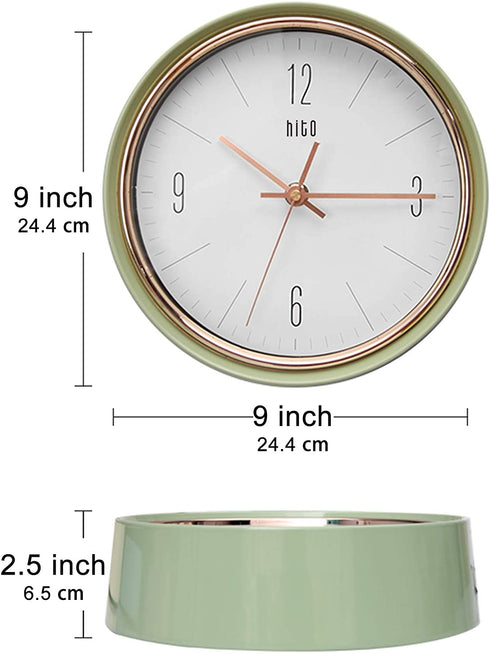 hito Silent Non Ticking Wall Clock 9 inches Glass Front Cover Sweep Movement Decorative for Kitchen, Living Room, Bedroom, Nursery, Office, Classroom (Green)