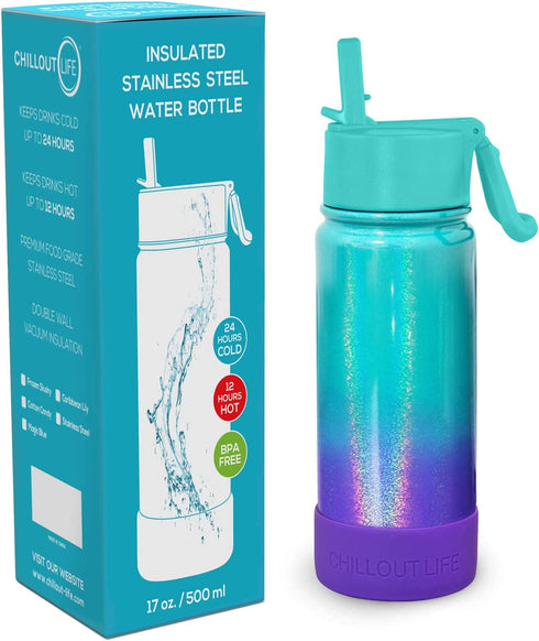 CHILLOUT LIFE 17 oz Insulated Water Bottle with Straw Lid for Kids and Adult + 20 Funny Waterproof Stickers - Perfect for Personalizing Your Kids Metal Water Bottle