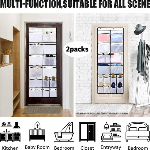 Armindou Extra Large Pockets Hanging Over The Door Shoe Organizer 2 Pack Closet Shoe Organizer With 8 Extra Large Mesh Storage Pockets for Bedroom Door Apartment Storage (White, 64.1X22.8 )