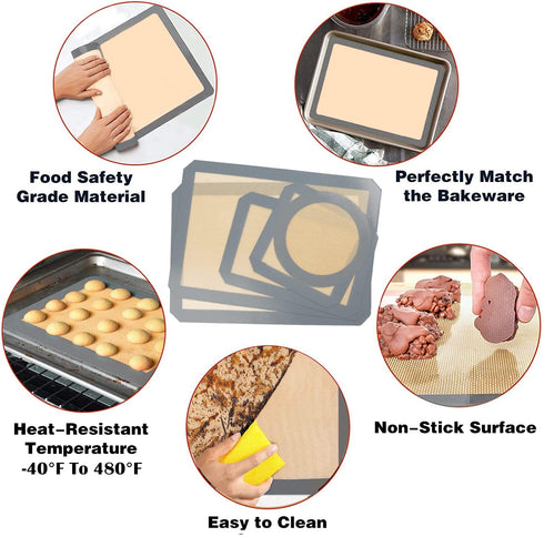 Silicone Baking Mats, Set of 7, BPA-Free Food Grade Reusable Baking Mat Professional Non-stick Pastry Mat Oven Liner Sheets Mats Silicone pan liners Square Cake Pan Mat Silicone Oil Brush &Knife