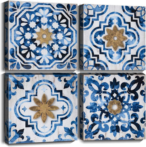 Cortolar Mandala Wall Art Canvas Prints Abstract Boho Painting Pictures Blue Artwork for Bedroom Living Room Bathroom Decor (12"x12"x4pcs)