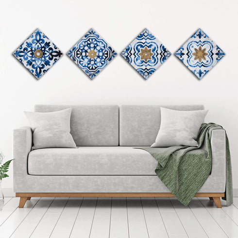Cortolar Mandala Wall Art Canvas Prints Abstract Boho Painting Pictures Blue Artwork for Bedroom Living Room Bathroom Decor (12"x12"x4pcs)