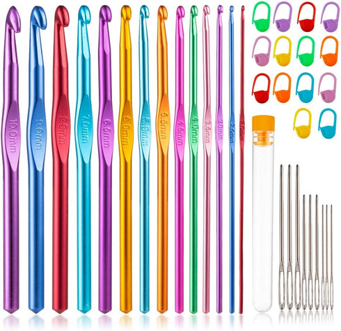 Vodiye 37 PCS Crochet Hooks Set, High Quality Coloured Aluminum Ergonomic Handle Crochet, Hook Needles for Arthritic Hands, with Stitch Markers and Large-Eye Blunt Needles