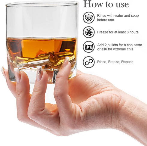 Stainless Steel Bullet Shaped Whiskey Stones Set of 6 - Chilling Rocks - Ice Stones With Tongs And Freezer Pouch, Gift Idea for Whiskey Lovers. Premium Gift For Him.