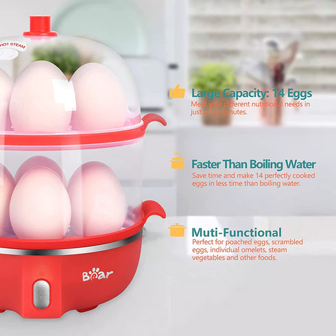 Bear Rapid Electric Egg Cooker,14 Capacity Double Tier Egg Boiler,Auto Shut-Off Egg Poacher for Hard Boiled Poached Scrambled Omelets Steamed Vegetables Dumplings,Red